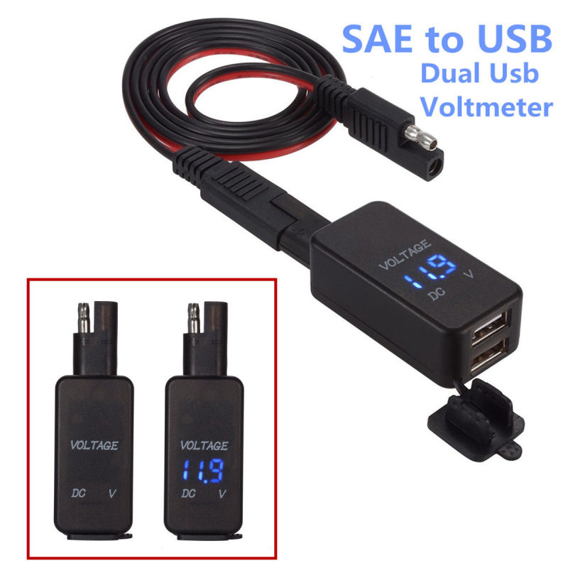 5V/3.1A Black Motorbike SAE to USB Cable Adaptor Dual USB Blue LED Voltmeter