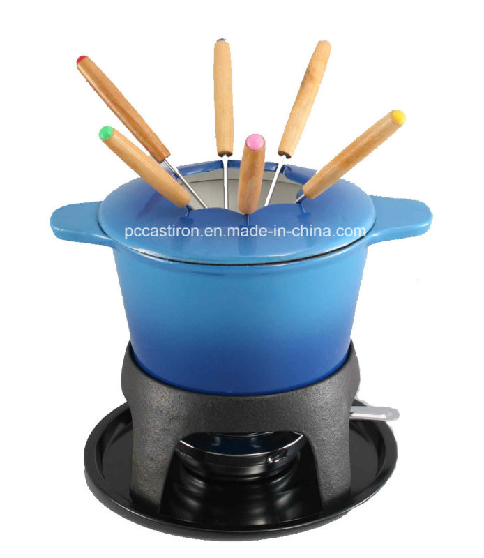 Enamel Cast Iron Cheese Fondue Set with 6 Forks