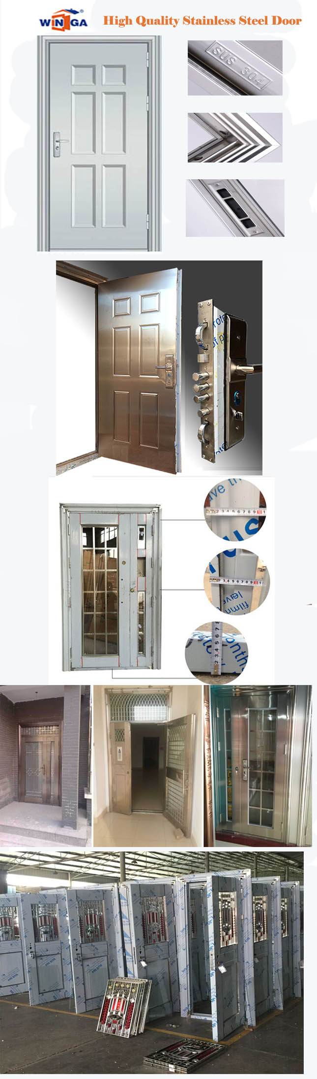 High Quality Stainless Steel Security Glass Door ((W-GH-19)