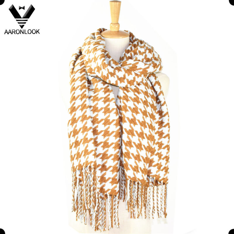 100%Acrylic Two Tone Checked Fashion Houndstooth Scarf with Fringes