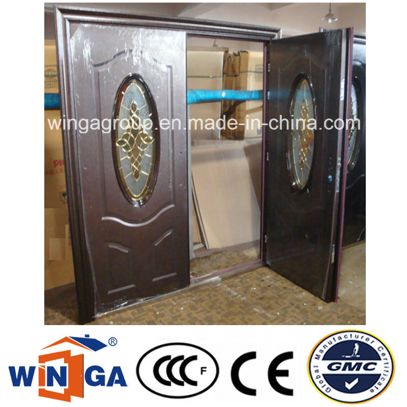 Double Doorleaf Exterior Podwer Coating Security Steel Glass Door (W-SD-10)
