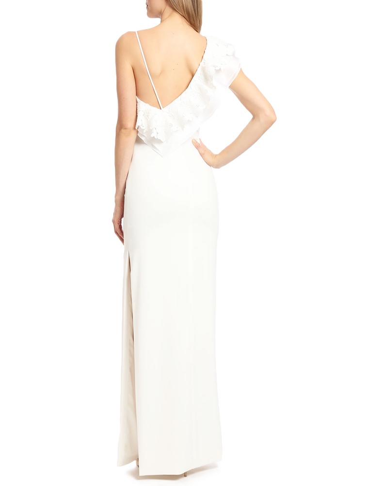 Ruffles Sloping Shoulder Evening Dress with High Open Line on Side