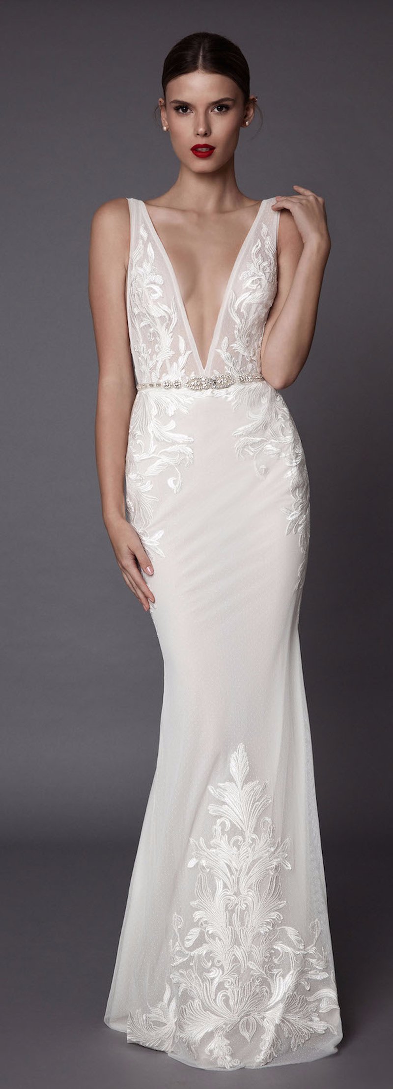 The Sheath Embroideried Deep V Neck Wedding Dress