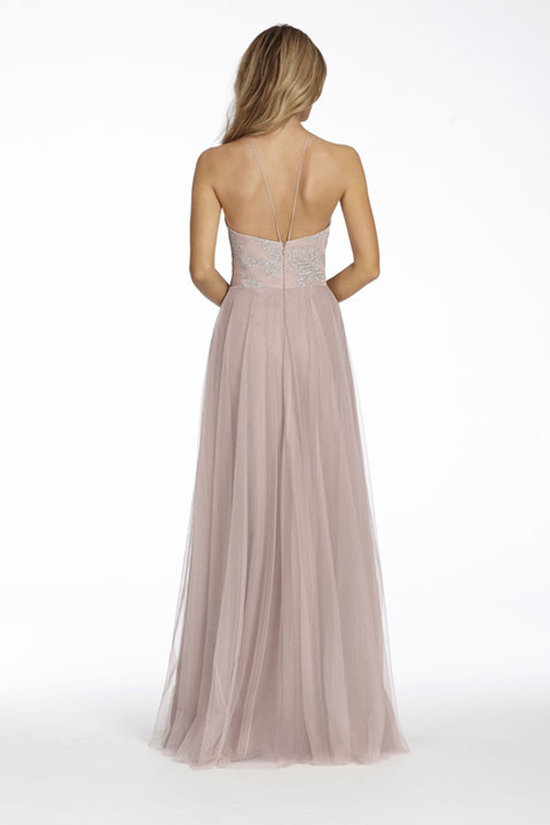 Rose English Net A-Line Bridesmaid Dress with Caviar Bodice, High Neck Halter Neckline and Circular Skirt