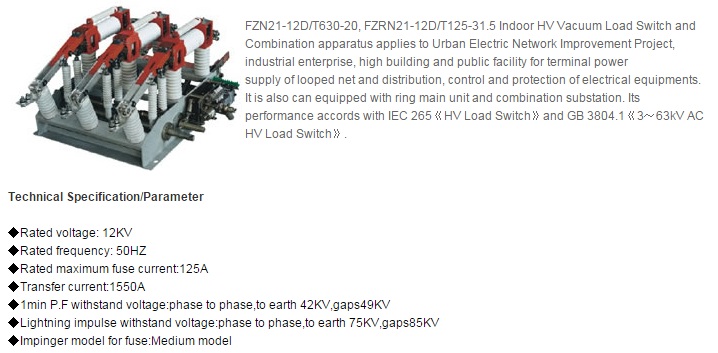 Fzrn21-12D Indoor AC Hv Vacuum Load Break Switch and Fuse Combination Apparatus