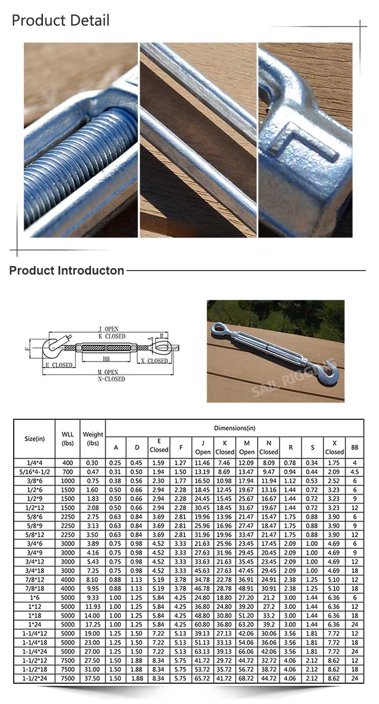 Steel Drop Forged Us Type Marin Turnbuckle with Hook and Eye