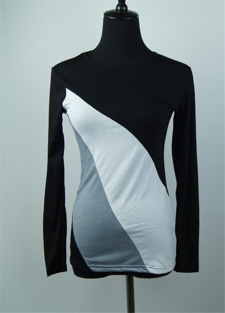 Long Sleeve Contrast Color Spliced Round Neck Tee Tops Blouse