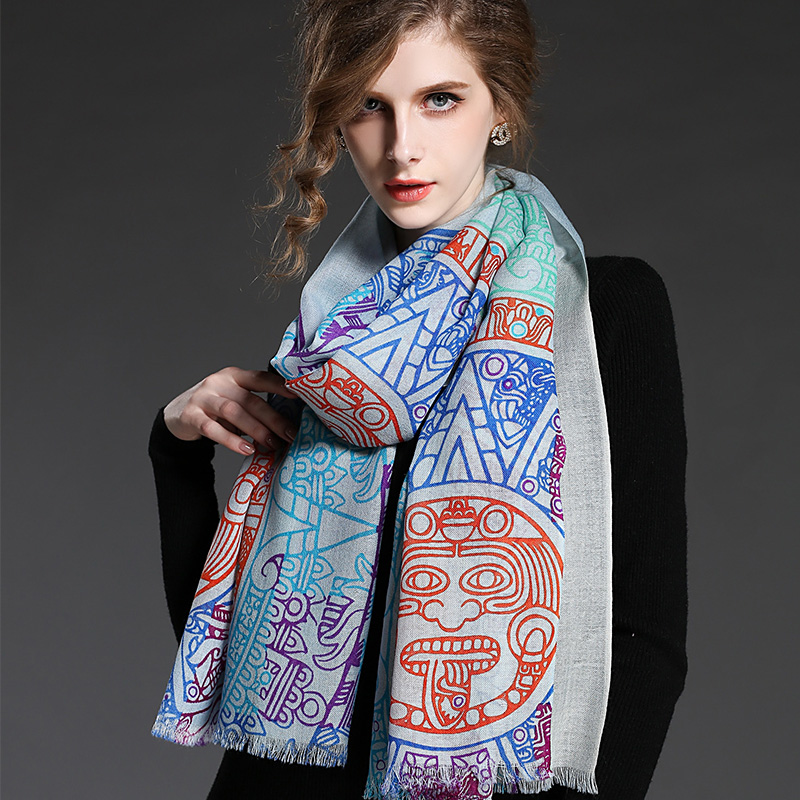 Women Wool Geometric Patterns Printed Blue Scarf