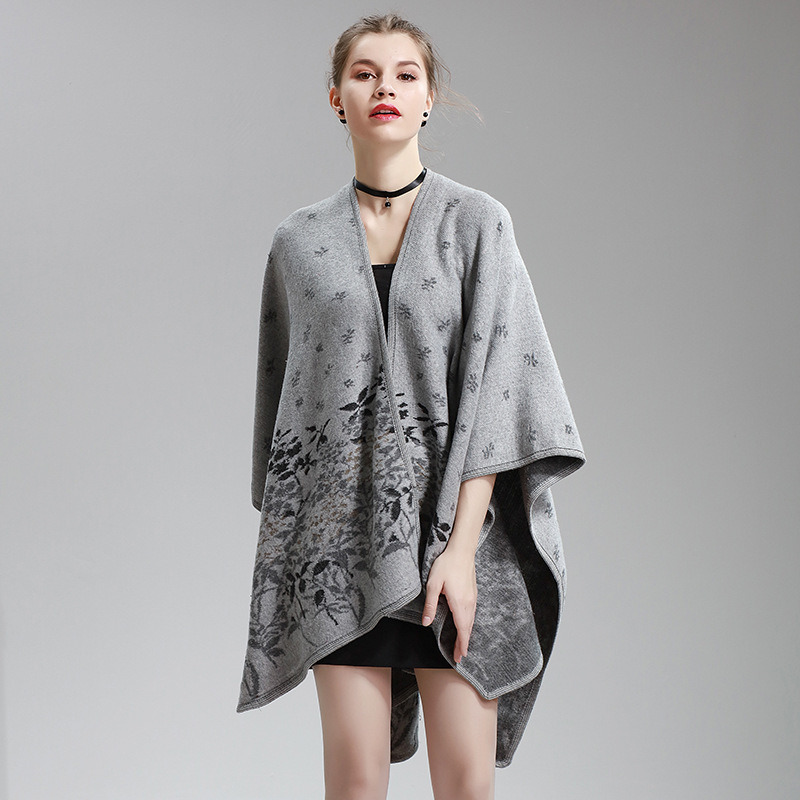 Womens Cashmere Feel Flower Printing Fancy Cape Stole Poncho Shawl (SP297)