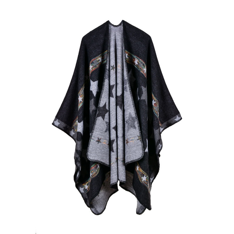 Women's Color Block Open Front Blanket Poncho Bohemian Cashmere Like Star Printing Cape Thick Warm Stole Throw Poncho Wrap Shawl (SP222)