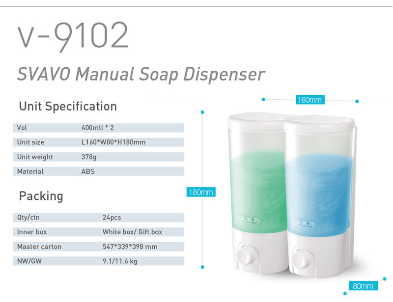 V-9102 Wall Mounted Hotel Bathroom Double Refill Manual Soap Dispenser, Shower Soap Dispenser, Shampoo Soap Dispenser