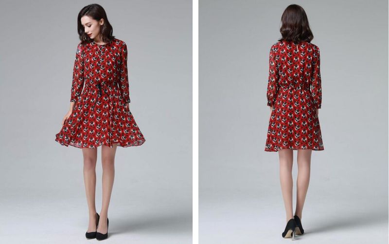 Summer Red Round Flower Print Long Sleeve Women's Dress