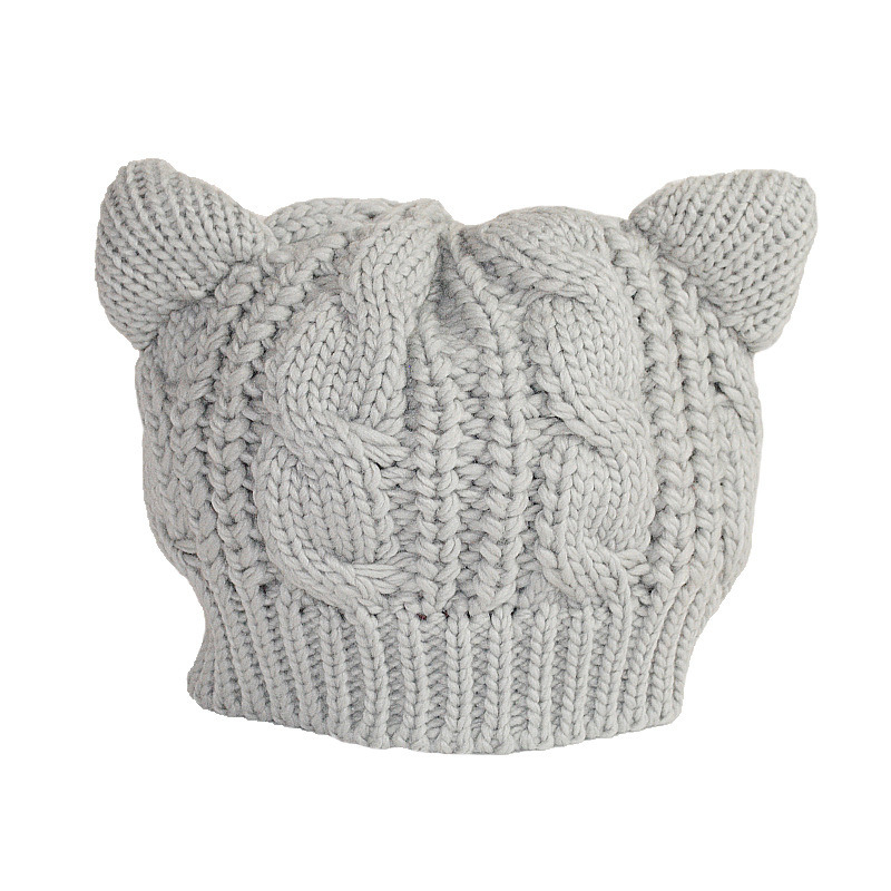 Women Girl Cute Cat Ear Cable Twist Knitted Meow Cap Beanie Winter Autumn Hats (HW103)