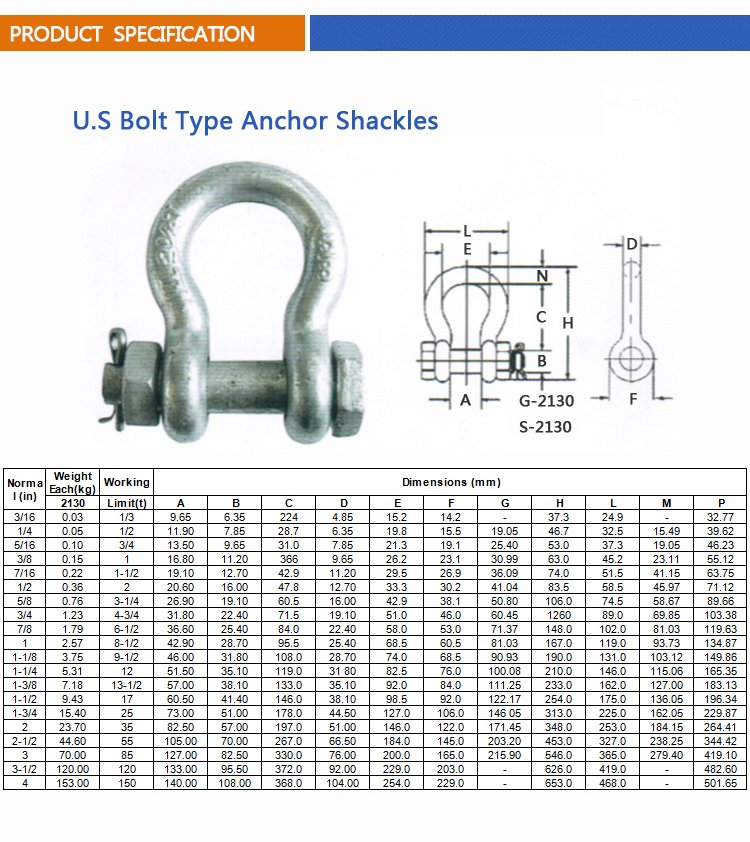 Us Type G2130 Bolts Type Bow Shackle