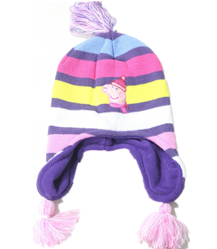 Custom Made Kid's Children Cartoon Applique Embroidered Jacquard Striped Acryllic Beanie with Ear Flaps