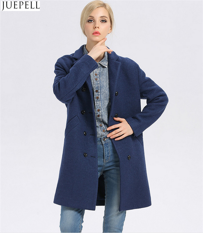 European Brand New Good Quality Women Winter Coat Long Double-Breasted Women's Windbreaker Blue Wool Coat