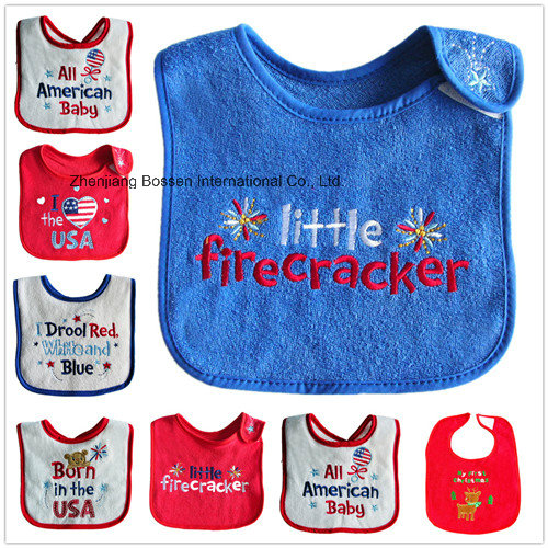 Promotional Cheap Red Cotton Terry Cloth Red Embroidered Applique Baby Drool Bib