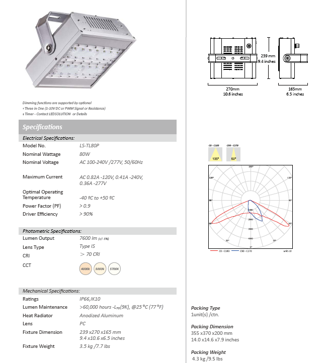 IP65 Hot Sale 80W LED Tunnel Light with CE and RoHS Cetification