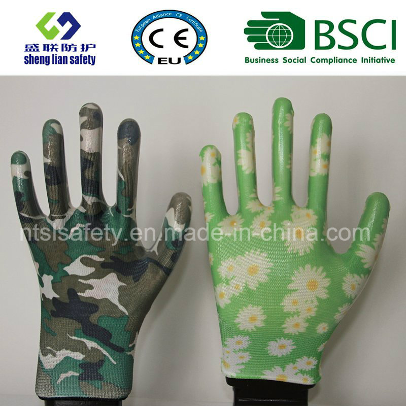 Safety Gloves Nitrile Coated Printed Garden Gloves (GN901)