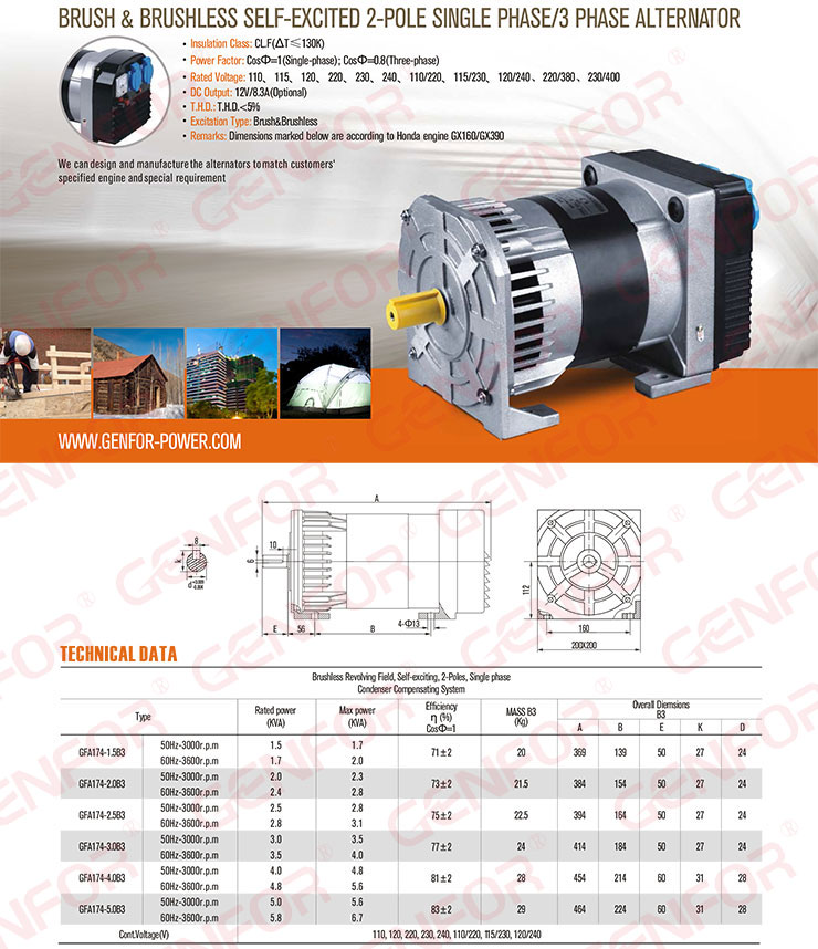 2kVA Single-Phase/Three-Phase Alternator Dynamo with AVR Capacitor