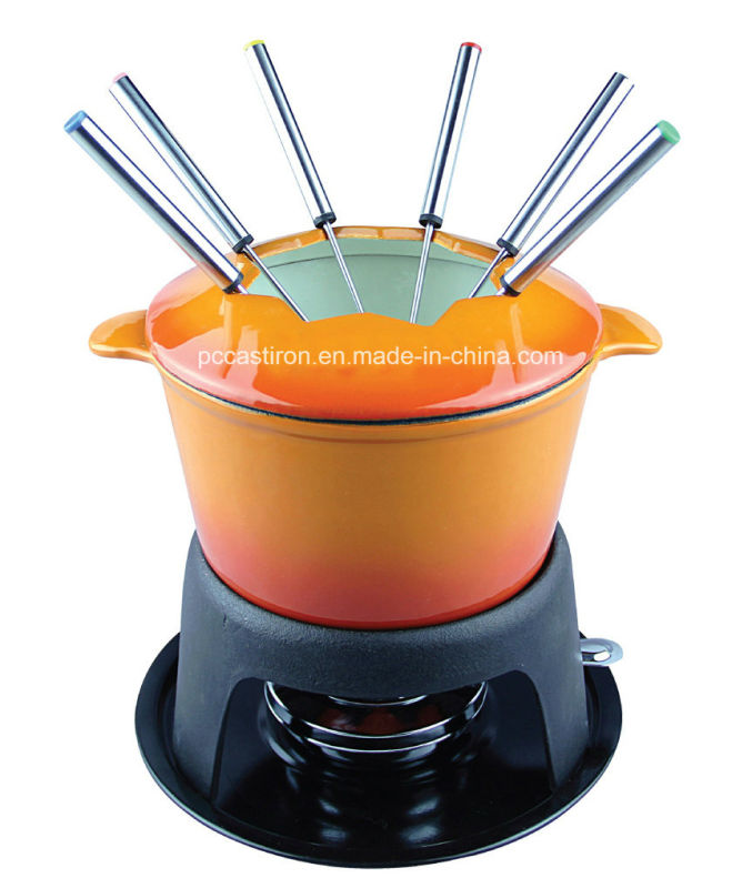 Enamel Cast Iron Cheese Fondue Set with 6 Forks