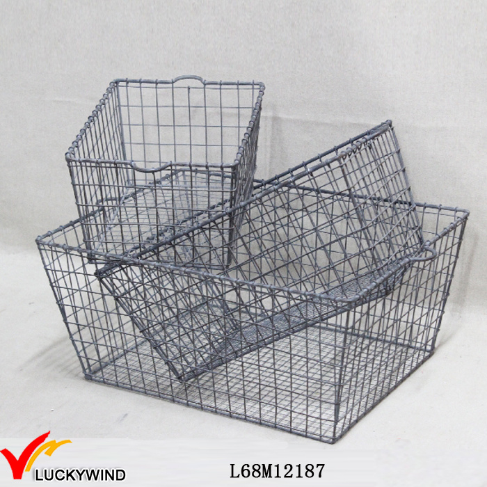 Vintage Gray Stackable Industrial Metal Wire Crates for Storage