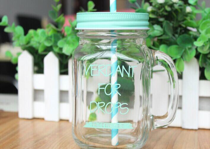 Factory Supply High Flint Decal Custom Logo Glass Mason Jar for Beverage with Beautiful Metal Lid and Straw Wholesale