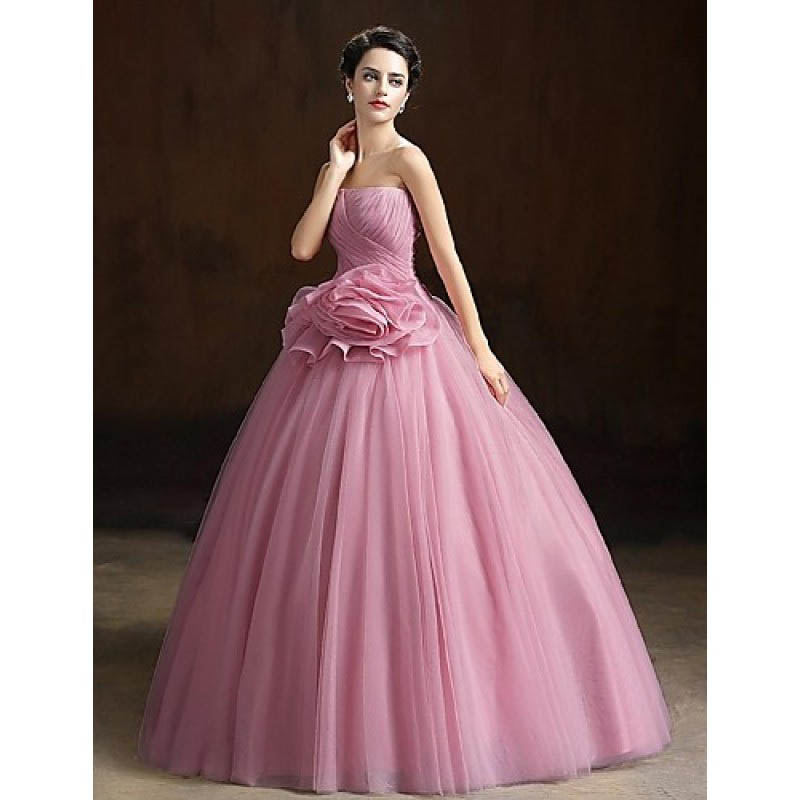 Ball Gown Strapless Long Floor-Length Organza Formal Evening Dress with Flower