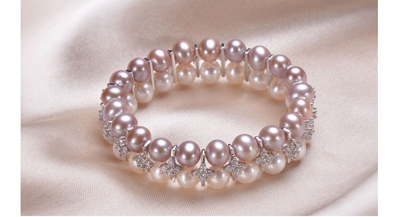 New Design Pearl Bracelet 8-9mm AAA Near Round Double Rows Sterling Silver Mixed Color Pearl Bracelet