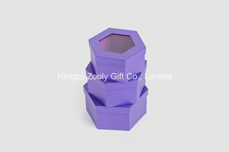 Quality Metallic Purple Color Paper Hexagonal Shaped Cosmetic Gift Packing Box with Window