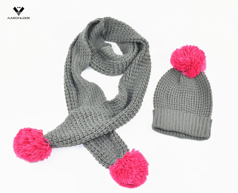 Girl's Winter Warm Scarf and Hat with Pompom