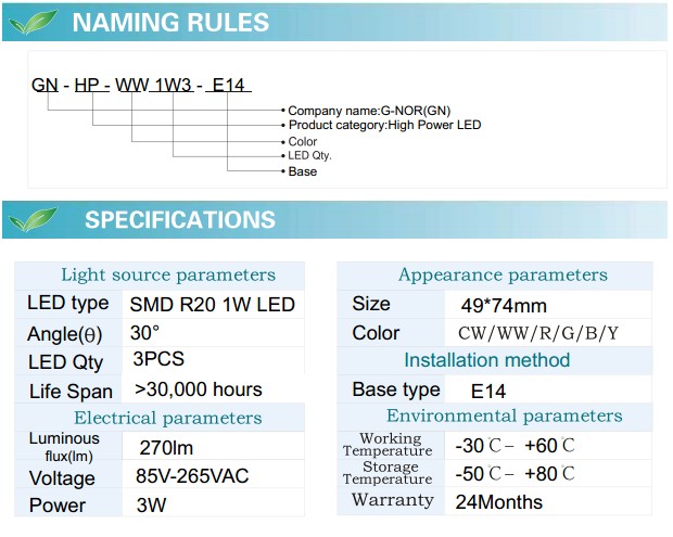 LED Spotlight Bulb (GN-HP-WW1W3-E14)