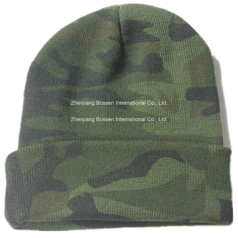 OEM Produce Camouglage Logo Printed Knitted Acrylic Customized Beanie Sports Cap