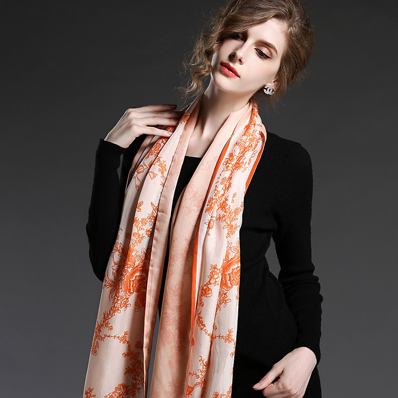 Silk Chiffon Double Scarf Orange Flower Prints for Women Scarves Sp20-3