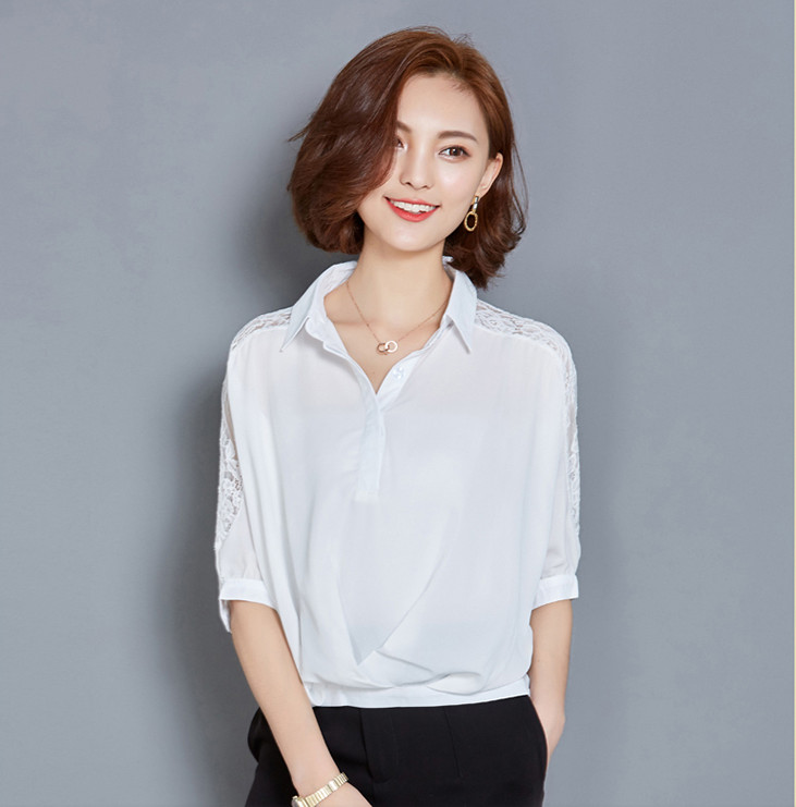 Fashion Chiffon Ladies Blouse with Lace Sleeve