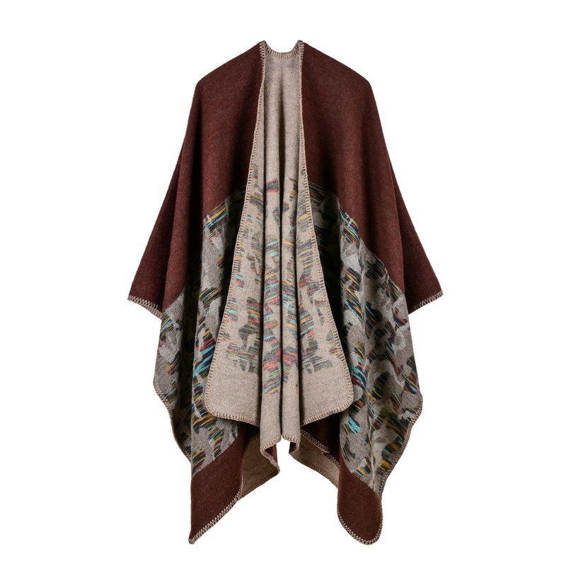 Women's Color Block Open Front Blanket Poncho Bohemian Cashmere Like Cape Thick Winter Warm Stole Throw Poncho Wrap Shawl (SP232)