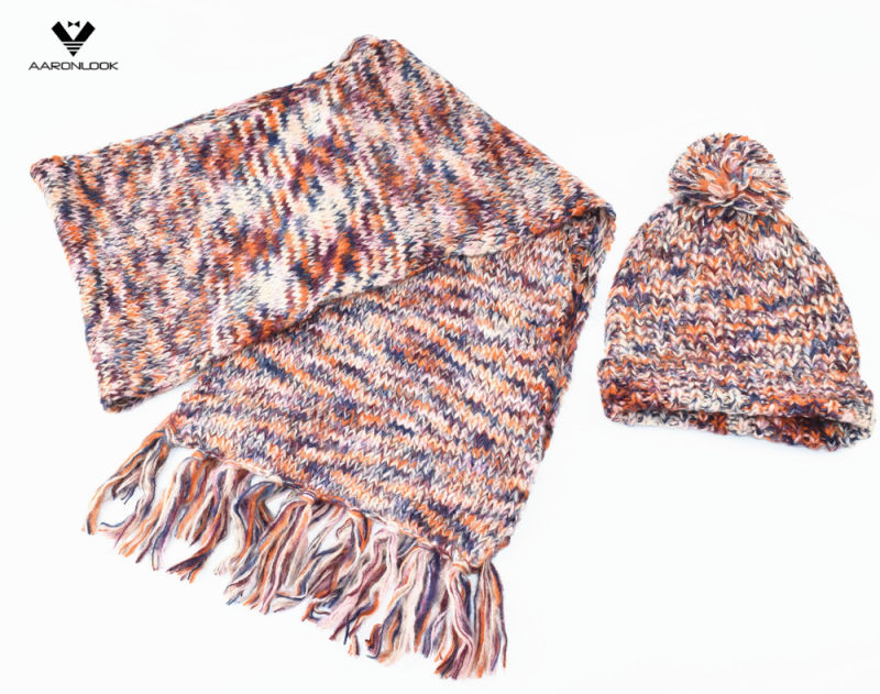 Lady's Space Dyed Multicolor Knitted Set Scarf and Hat