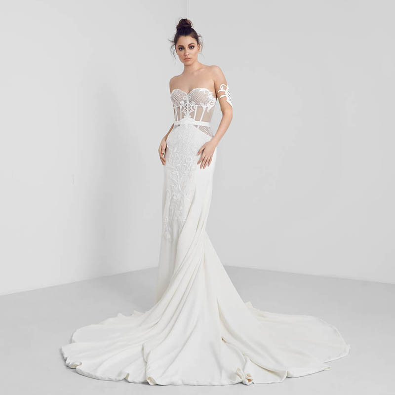 Embroidered Wedding Dress with Strapless Neckline