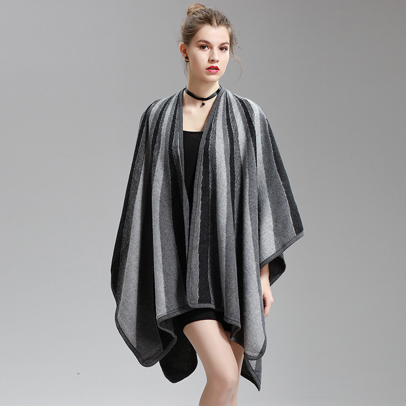 Womens Cashmere Feel Alike Fancy Stripe Printing Cape Stole Poncho Shawl (SP291)