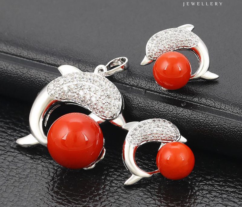 63973 Fashion Charm CZ Pearl Fish Design Rhodium Jewelry Set