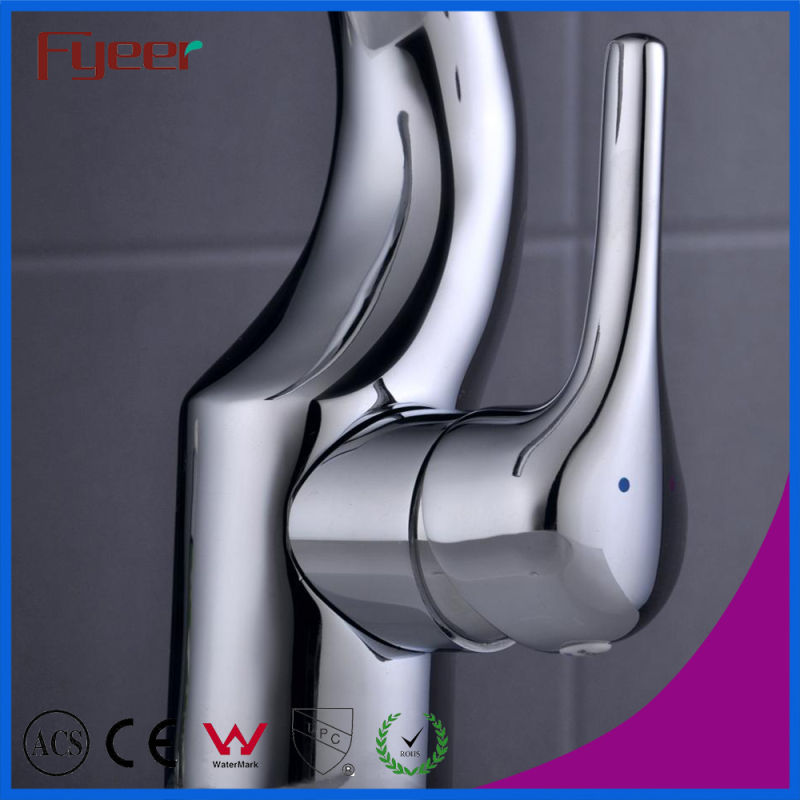 Fyeer Chrome Crooked Spout Single Handle Hot&Cold Water Wash Basin Faucet Mixer Tap