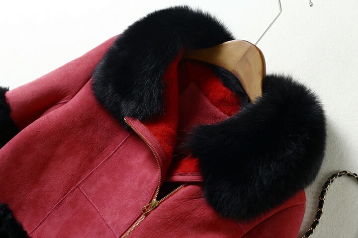 Real Sheep Leather Fox Fur Coat for Women Short Style