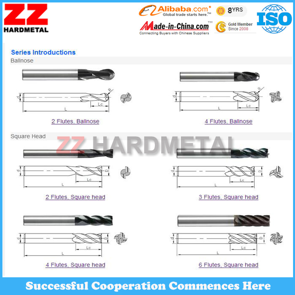 ISO Tungsten Carbide End Mills for Cutting Milling Inserts (Ball nose, Square nose, Corner Nose)