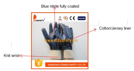 Blue Nitrile Fully Coating Cotton Jersey Liner Knit Wrist Safety Working Glove Dcn406