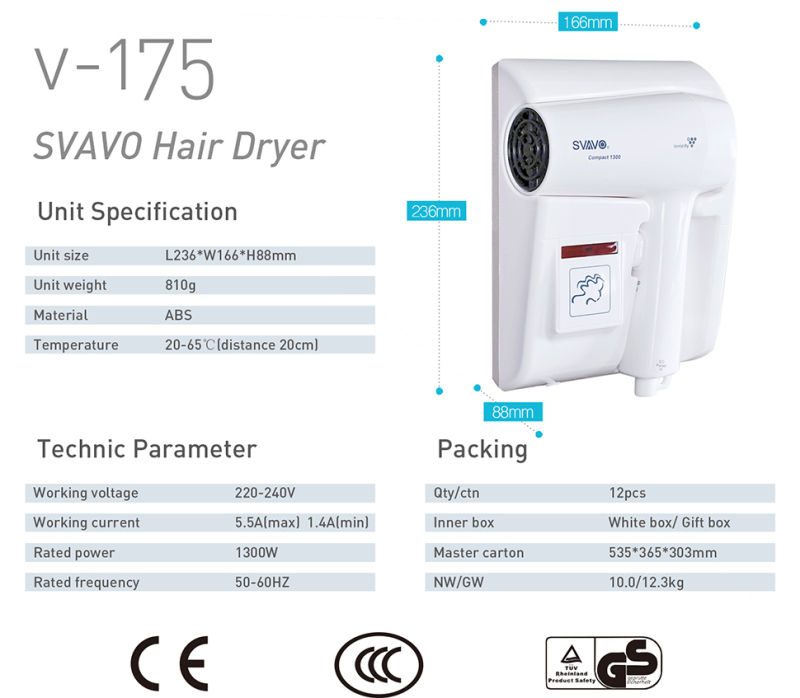 Svavo Bathroom Hotel Electronic Hair Dryer Motor Beauty Salon Equipment Hair Blower with LCD Setting V-175