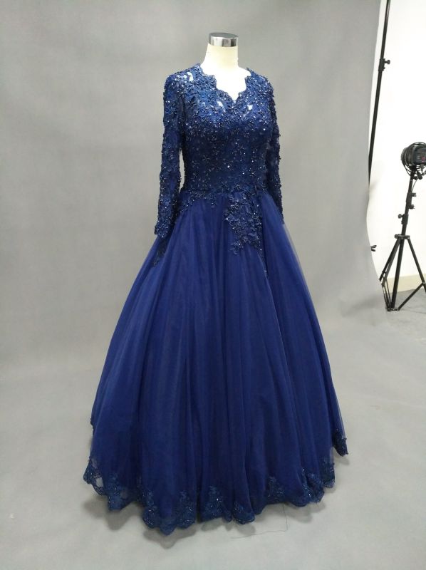 Long Sleeve V Neck Lace Blue Ball Gown Evening Dress