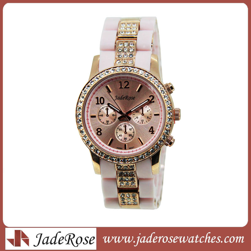 Exquisite Diamond Watches Wwomen's Alloy Watch with Silicone Strap