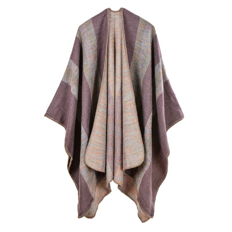 Women's Color Block Open Front Blanket Poncho Bohemian Cashmere Like Cape Thick Warm Stole Throw Poncho Wrap Shawl (SP227)