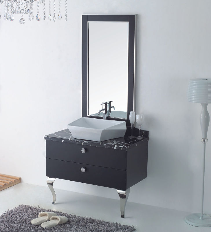 Black Silver on Floor Modern Mirrored Stainless Steel Bathroom Cabinet (JN-88815)