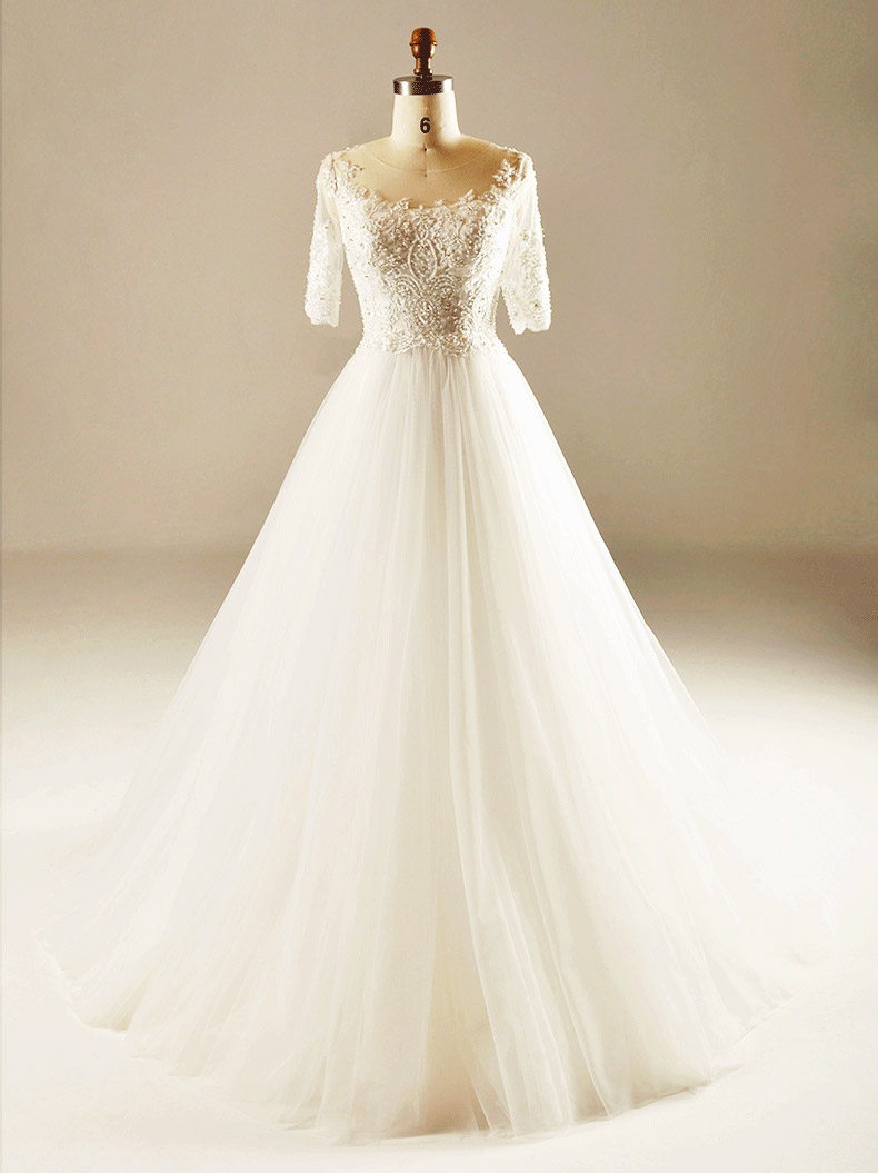 Back See Through Half Sleeve Wedding Gown